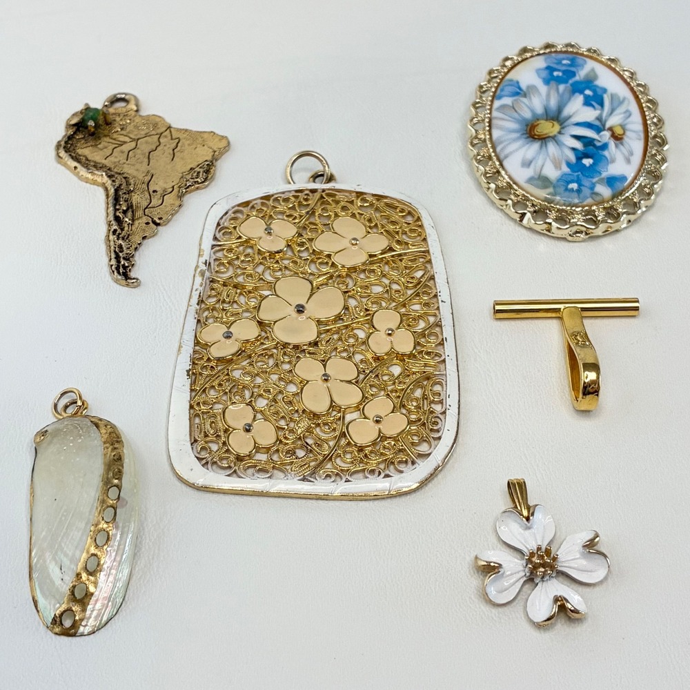 Vintage Jewelry Lot Enamel Floral Pendant Filigree Brooch South America Charm